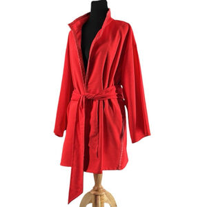 Natori Kimono Jacket faux leather flattering lines red orange tie waist sz xl